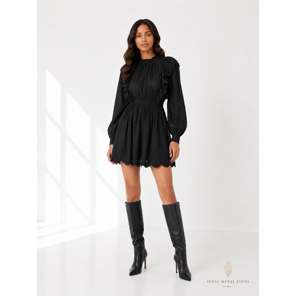 Ulla Johnson Dorithie‎ Embroidered Eyelet Cotton Scallop Hem Mini Dress Black 8
